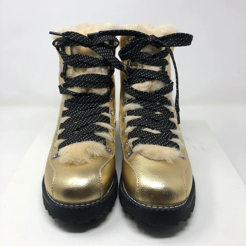 J.Crew Nordic Boots Womens 9 Gold Metallic Faux Fur Trim Lug Sole Glam Statement